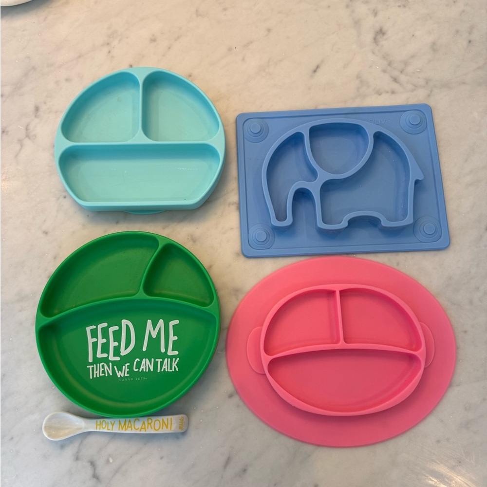 4 Silicone Suction Divided Plates and Baby Toddler Spoon - Bella Tunno & Bumkins